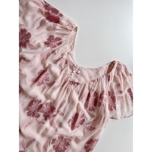 REBECCA TAYLOR Pink Metallic Floral Silk Georgette Flutter Sleeve Blouse, Size M - Picture 7 of 15